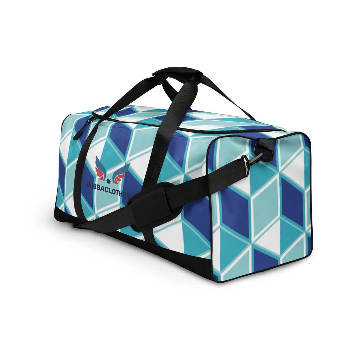 Bolsa de deporte streetwear con estampado geométrico azul y blanco y logo de Bubbaclothes.
