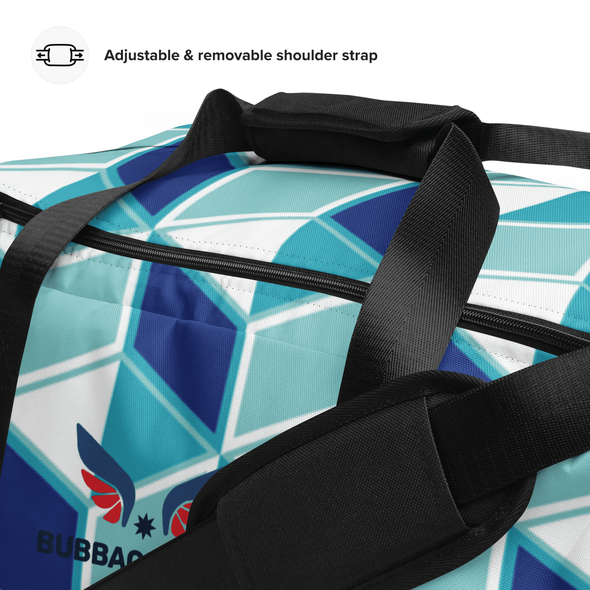 Bolso de deporte streetwear con diseño geométrico azul y blanco y correa ajustable.