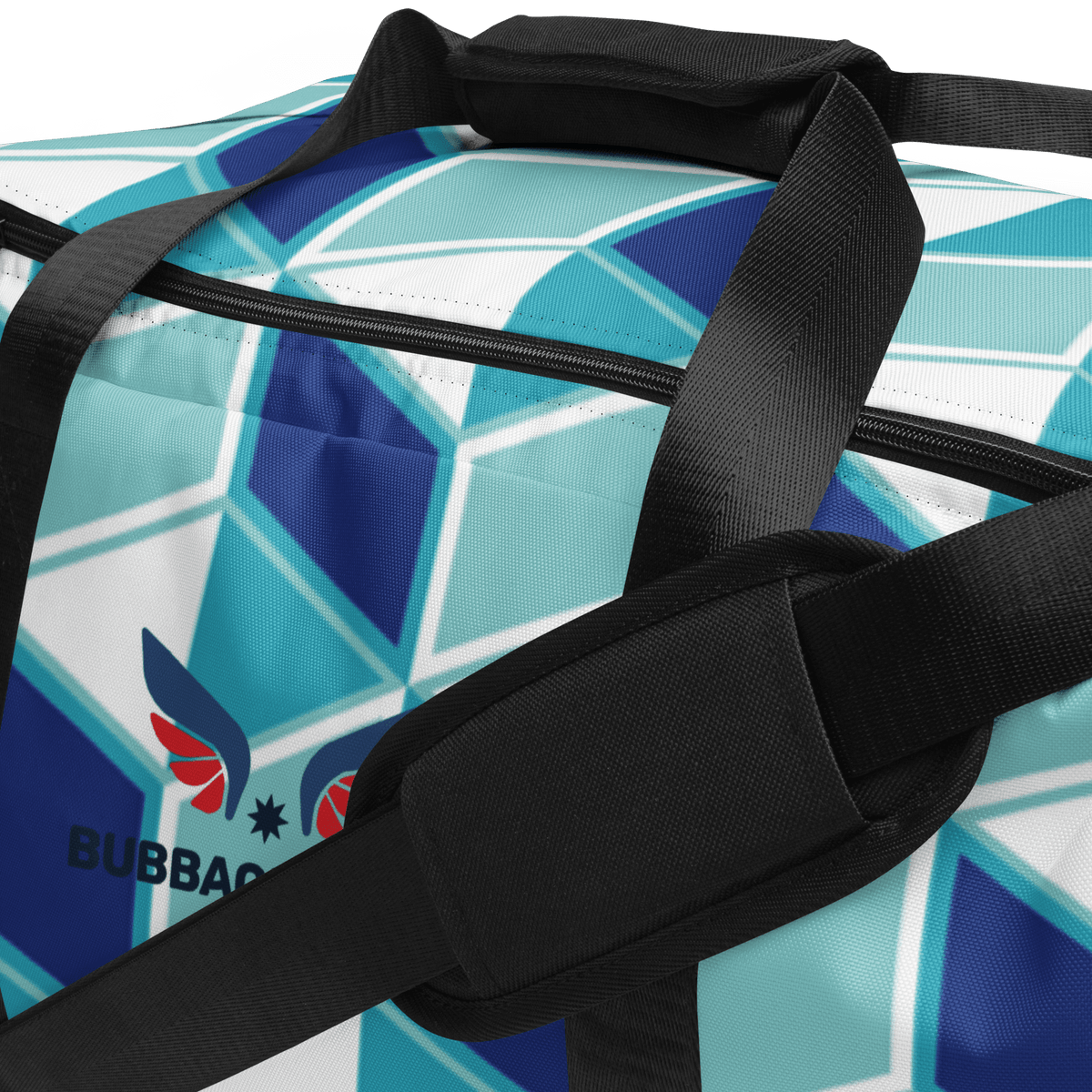 Bolso de deporte Bubba con diseño geométrico en tonos azules y blanco
