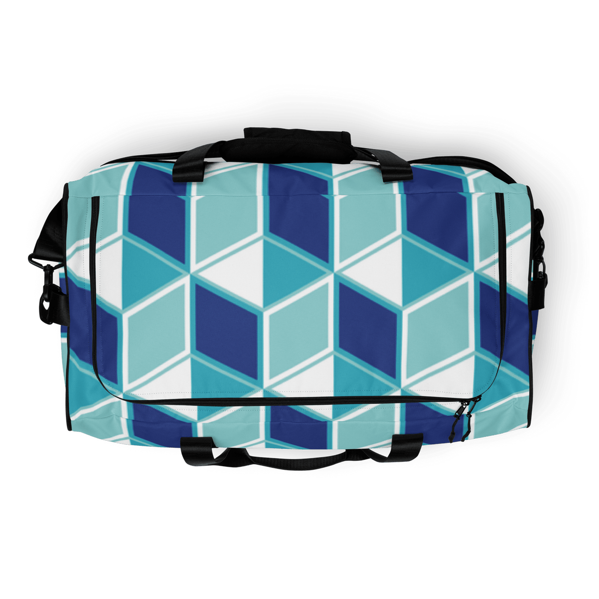 Bolso de deporte streetwear con estampado geométrico de cubos en tonos azul y blanco.
